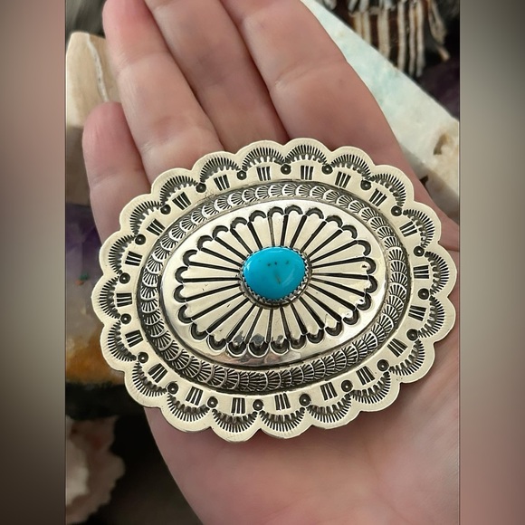 Turquoise native Concho sterling silver belt buckle NEW - Picture 6 of 8